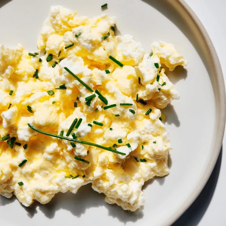 Close-up of Cottage Cheese Scrambled Eggs: a soft, light texture, perfect with chives and toast.