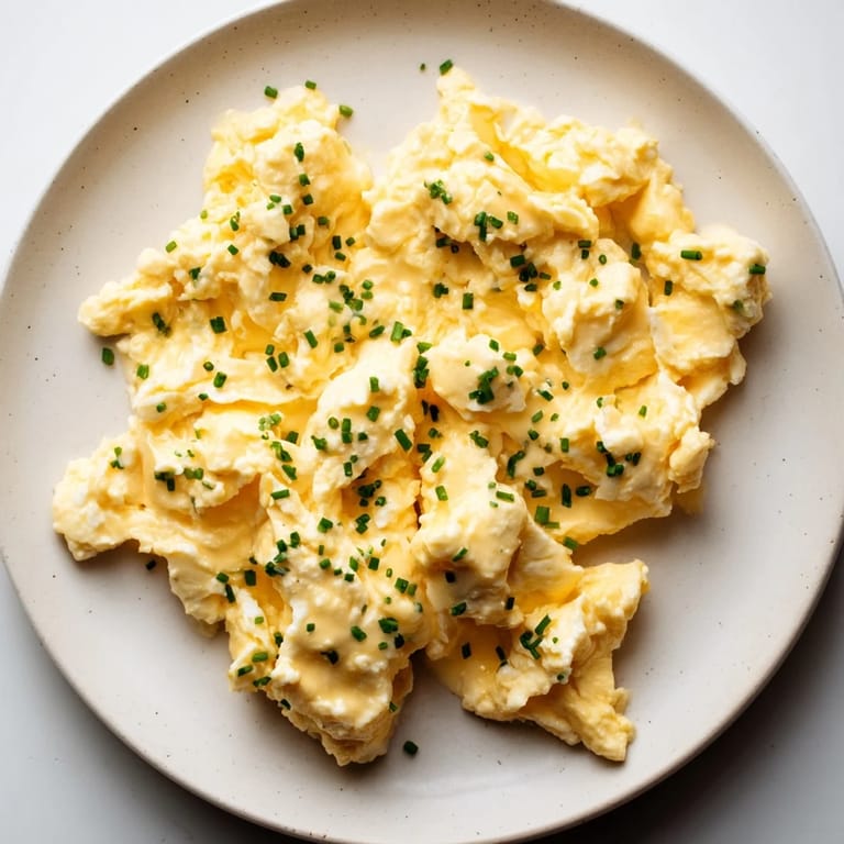 Fluffy Cottage Cheese Scrambled Eggs, seasoned and cooked in butter, ideal for a quick brunch.