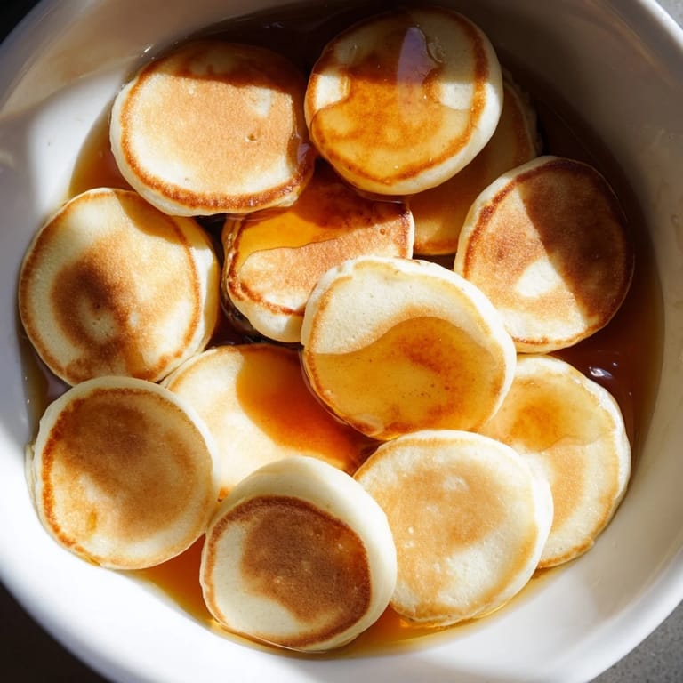 Miniature Fluffy Pancake Cereal swimming in a bowl, drizzled with sweet maple syrup, perfect treat.