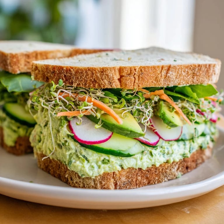 A close-up of a stacked Green Goddess Sandwich showcasing fresh, colorful fillings ready to enjoy.