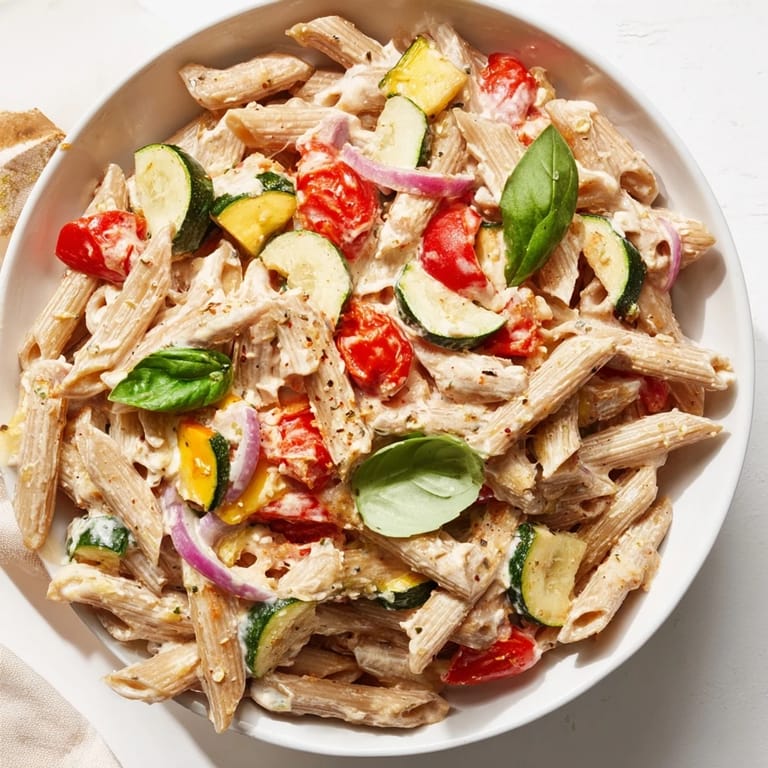 A comforting bowl of lighter baked feta pasta, a vegetarian Mediterranean main course.