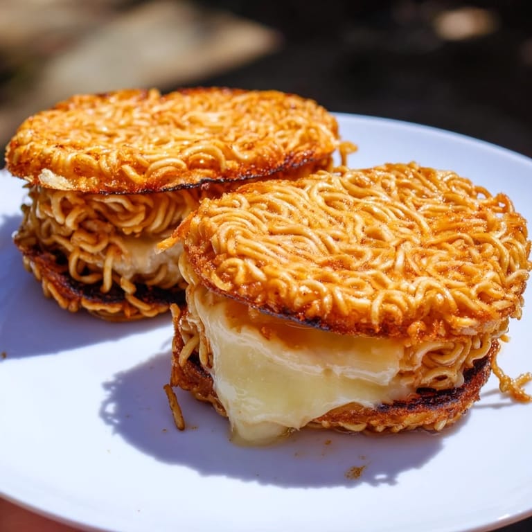 A visually appealing close-up of a perfectly cooked Ramen Grilled Cheese, a unique culinary creation.