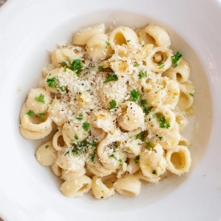Steaming bowl of ditalini pasta with creamy garlic sauce sprinkled with fresh parsley and cheese.