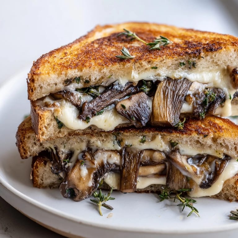 This warm Creamy Mushroom Grilled Cheese sandwich showcases perfectly browned bread and a creamy filling.