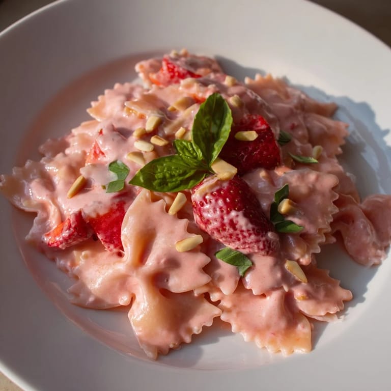 A big bowl of Strawberry Sour Cream Pasta, the sweet-tangy sauce clinging to the cooked pasta.