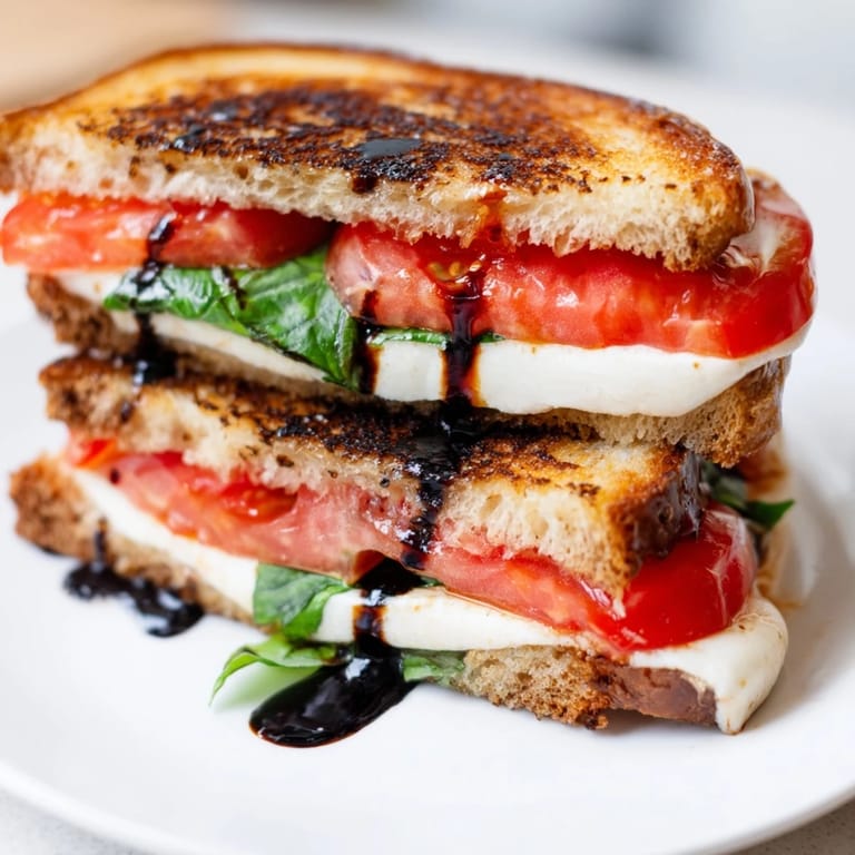 A gooey Caprese Salad Grilled Cheese layered with mozzarella, balsamic glaze, and crispy, toasted bread.