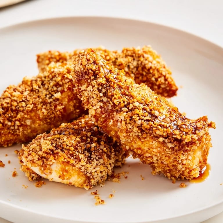 Close-up of freshly cooked crispy panko chicken tenders with an enticing hot honey glaze.
