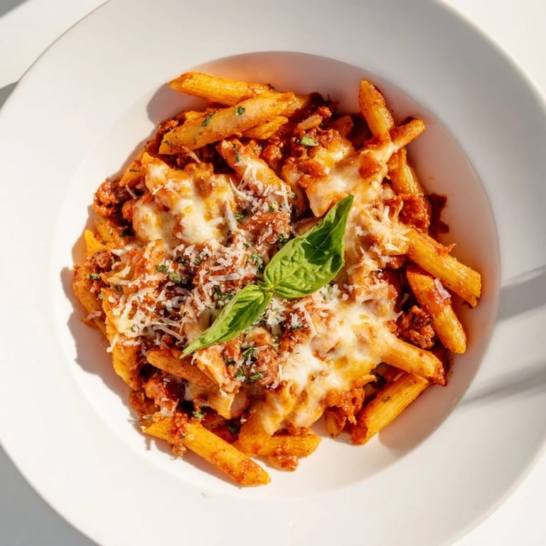 Golden, melted cheese blankets the spicy Penne Arrabbiata, a comforting pasta bake.
