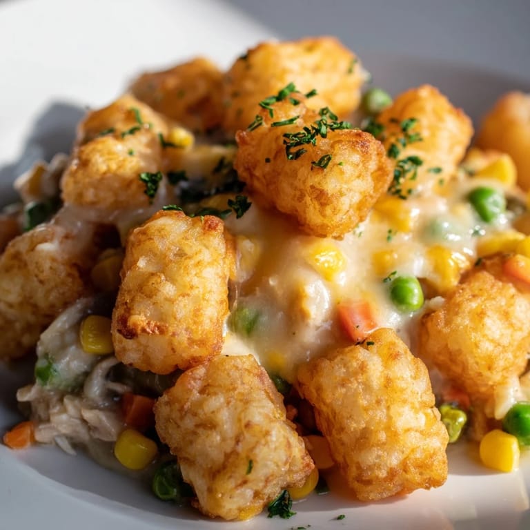 A close-up view of freshly baked, flavorful Crispy Tater Tot Casserole, ready for a hearty meal.