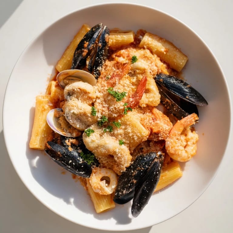 Creamy seafood pasta bake, a comforting casserole with assorted seafood and a cheesy crust awaits.