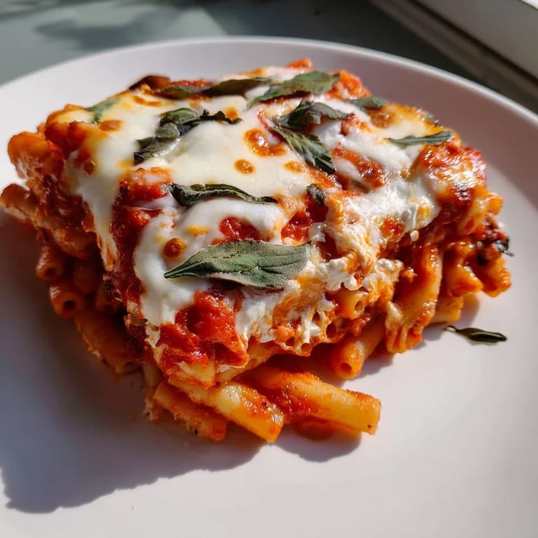 Homemade Cheesy Baked Ziti layered with creamy ricotta and mozzarella, ready to be served.