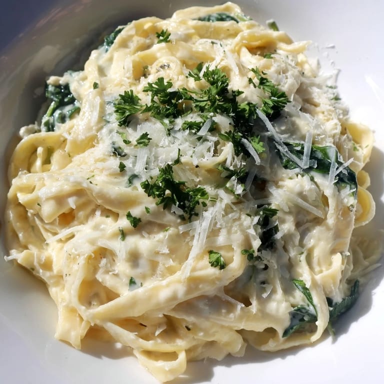 Imagine the flavor: Fresh spinach and fettuccine smothered in a rich Creamy Spinach Fettuccine Alfredo.