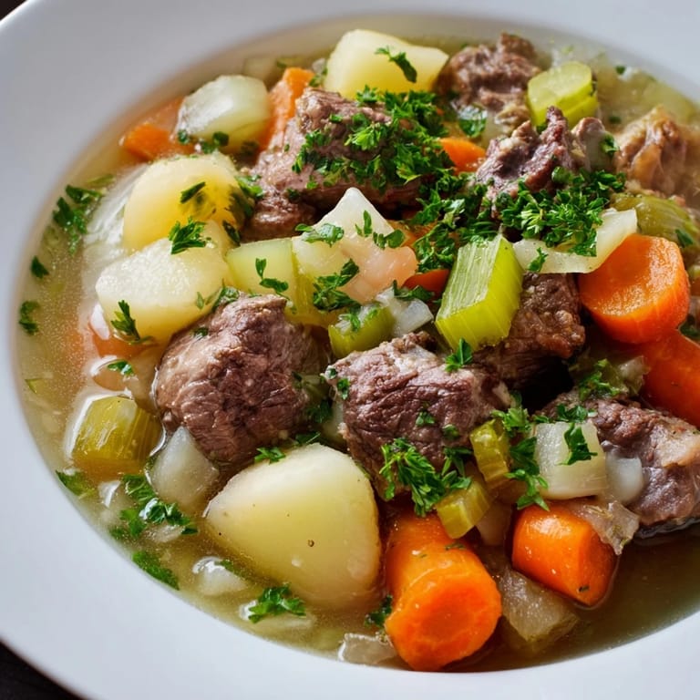 A steaming bowl of Welsh Cawl stew, showcasing fall-apart lamb and root vegetables; a perfect winter meal.