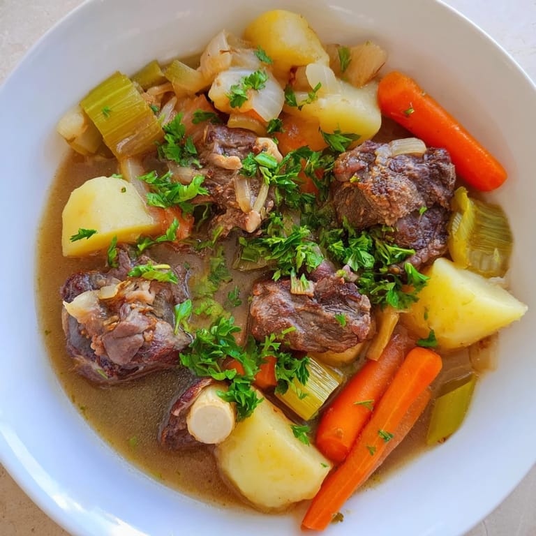 Close-up of a rustic Welsh Cawl stew, highlighting the rich broth and inviting aroma of the stew.