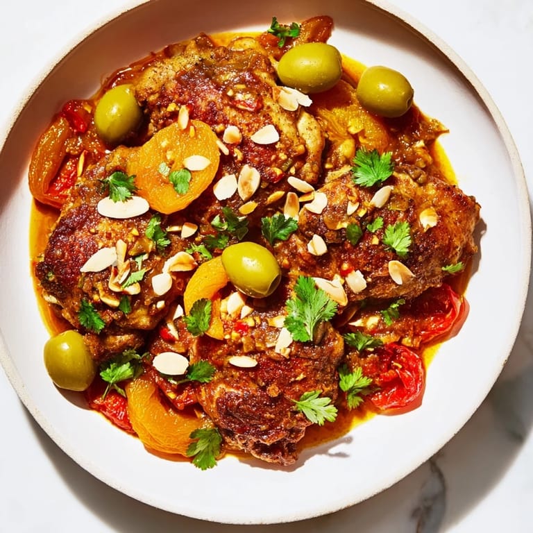Close-up of a flavorful Moroccan Tagine Chicken, ready to enjoy with a side of fluffy couscous.