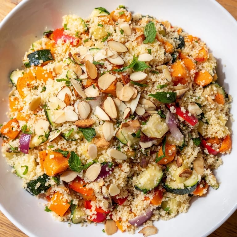 Brightly-hued Moroccan couscous salad, ready to eat, featuring almonds and fresh herbs for added flavor.