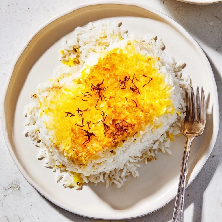 This Persian Tahdig recipe shows a pot of fragrant, fluffy rice crowned with a delicious, crispy tahdig crust.