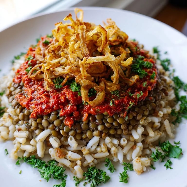 Golden, crispy fried onions crown a hearty serving of Koshari, an Egyptian street food favorite.