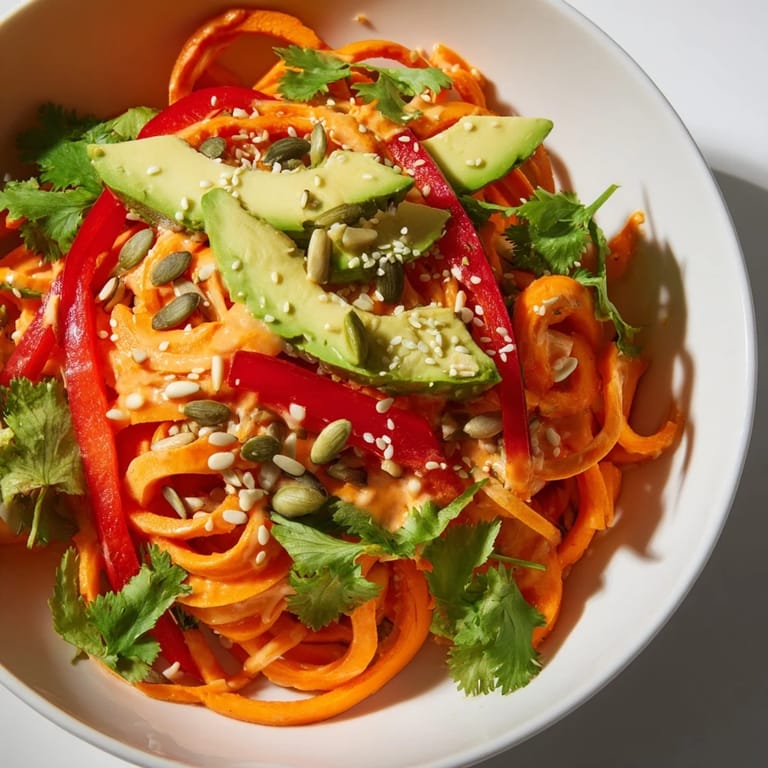 Healthy Carrot Noodle Skincare Bowl featuring spiralized carrots, sliced avocado, and pumpkin seeds, ready to be eaten with chopsticks for a light gluten-free lunch.