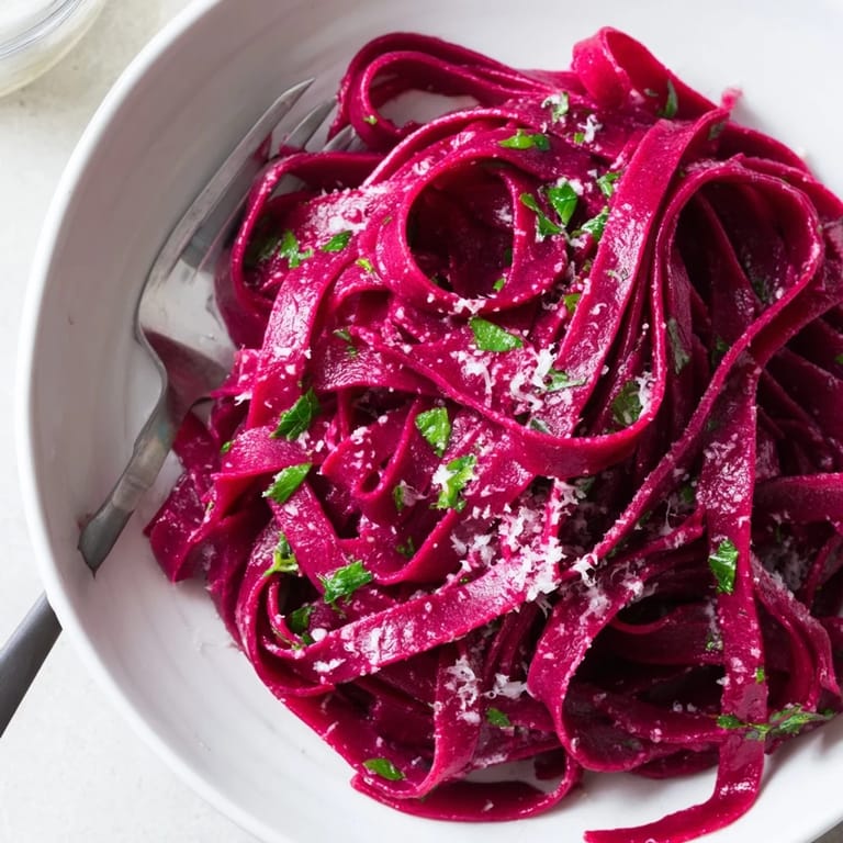 A close-up of al dente Beet Noodle Pasta glistening with olive oil and herbs, plated elegantly for a colorful, vegetarian main course.