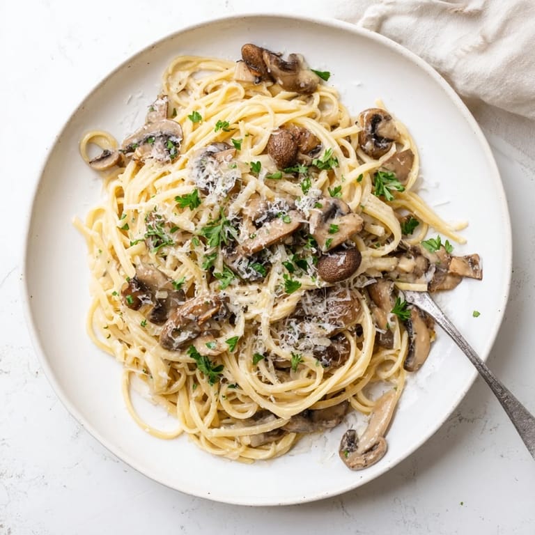 Steaming bowl of Creamy Mushroom Linguine, with tender mushrooms and fresh parsley garnish, ready for a weeknight dinner.