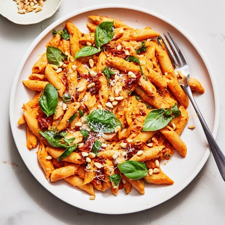 A close-up of plated sun-dried tomato pesto pasta highlights the vibrant sauce, fresh basil leaves, and extra Parmesan, perfect for an easy Italian-inspired dinner.