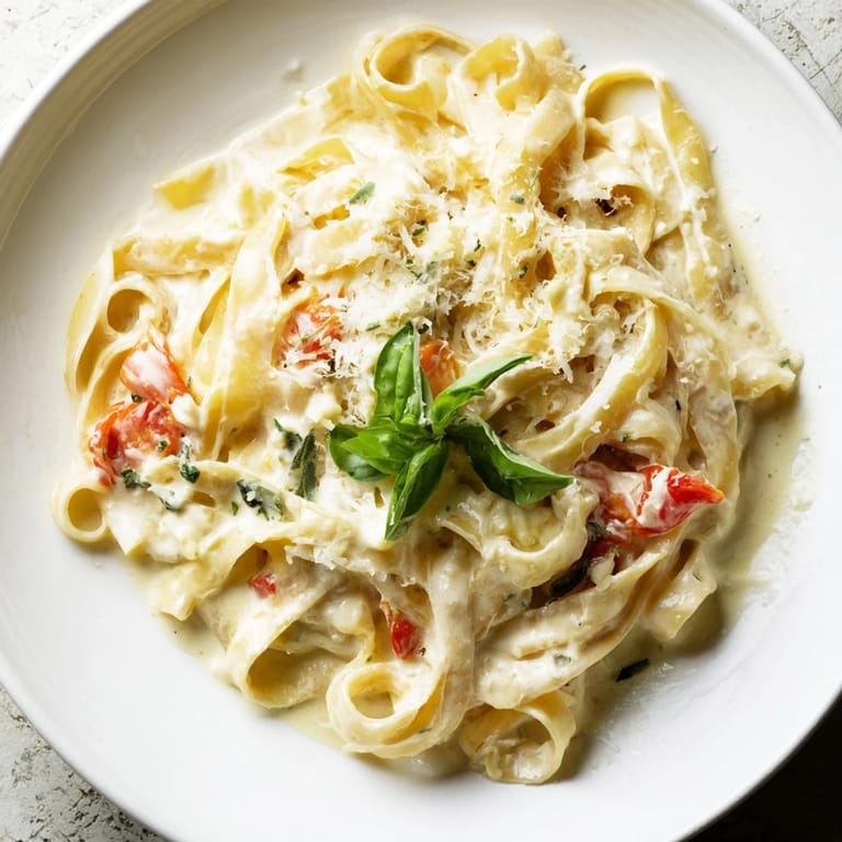 A skillet of Roasted Garlic Pasta Sauce tossed with spaghetti, finished with butter, cream, and fresh basil for a vegetarian dinner.