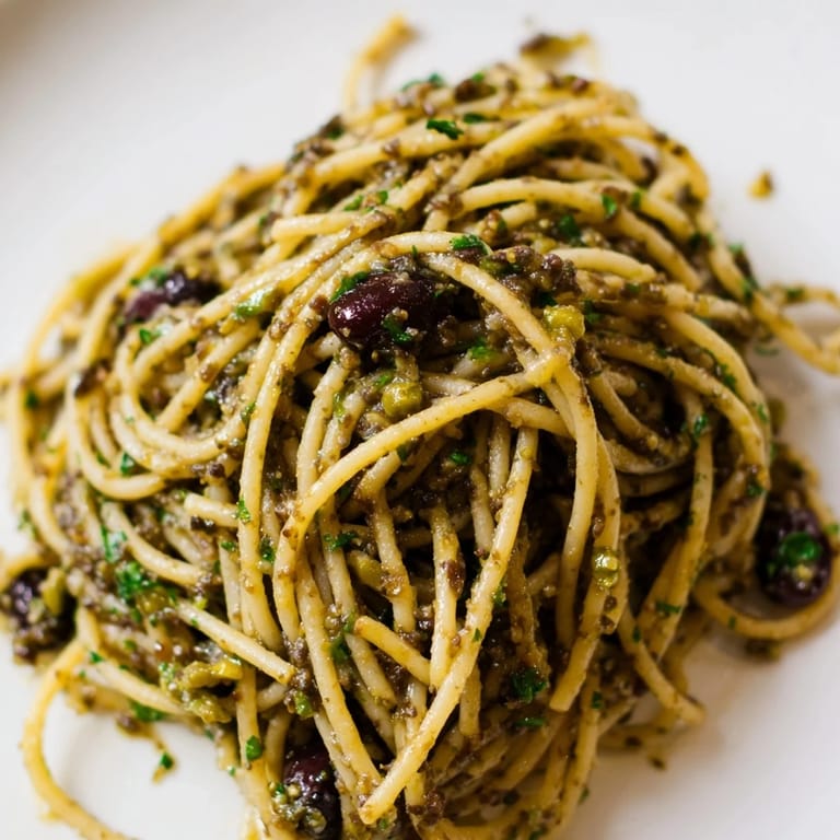 Close-up of Olive Tapenade Pasta, coated in a glossy garlic-olive sauce, ready to serve with crusty bread on the side.