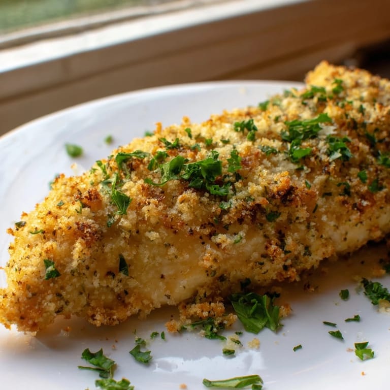 Juicy Roasted Garlic Parmesan Chicken sliced to reveal a tender interior, with a crispy, cheesy crust and a drizzle of garlic butter.