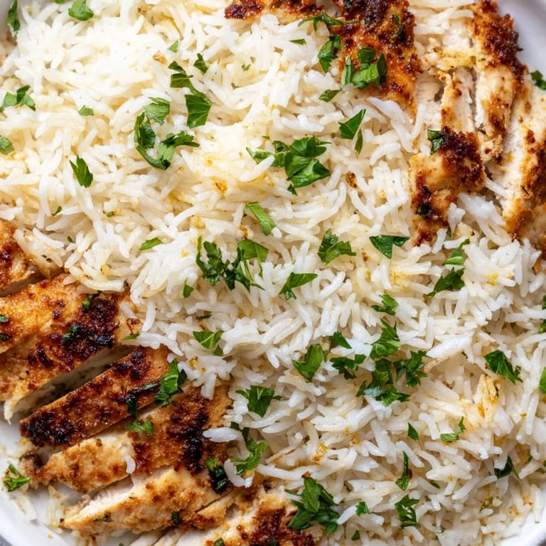 Top-down view of Garlic Butter Rice with Chicken, featuring golden grilled chicken pieces nestled on aromatic garlic-infused rice.