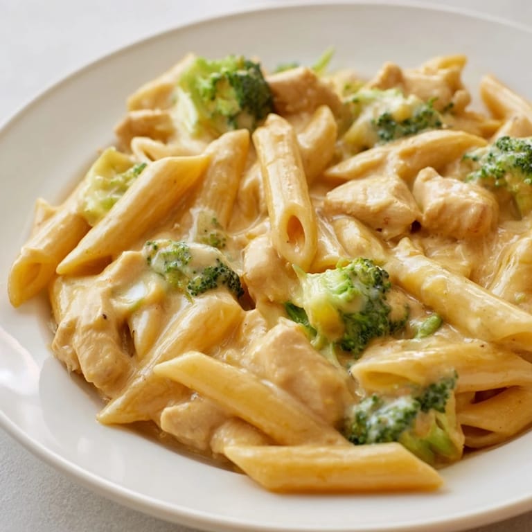 Golden-brown chicken pieces and bright green broccoli florets mixed into a cheesy pasta dish for a family dinner.