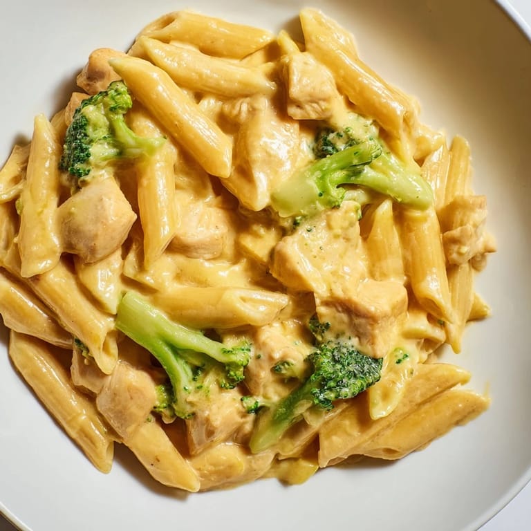 Comforting Chicken Broccoli Cheddar Pasta garnished with fresh herbs, ready to serve with a side of garlic bread.