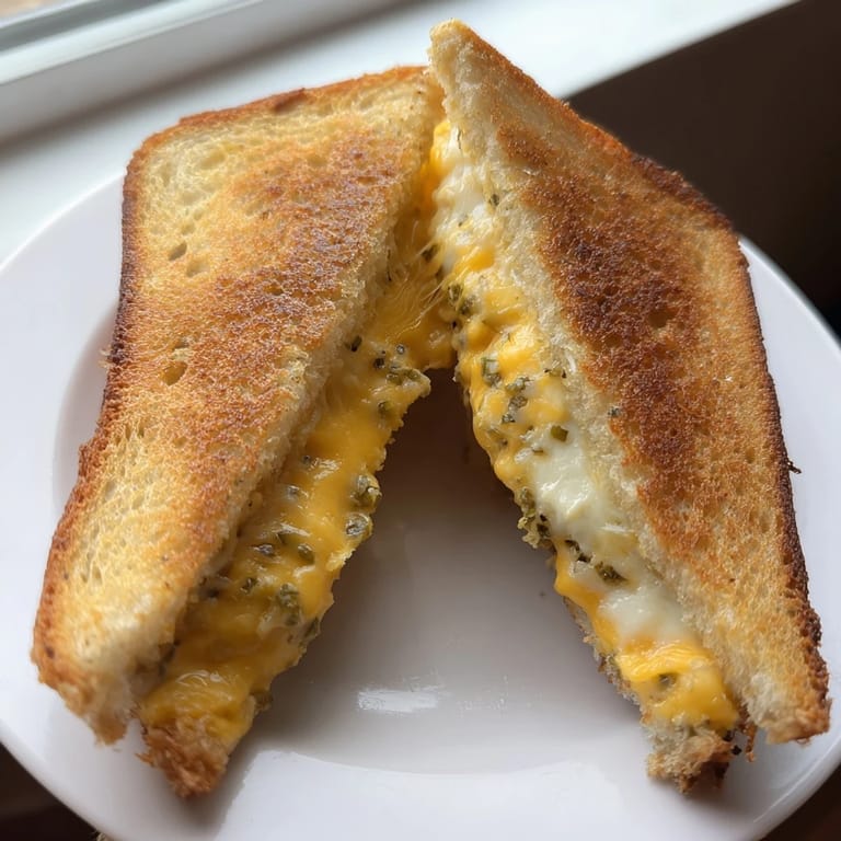 A close-up of a crispy jalapeño popper grilled cheese with melted cheese oozing from between golden bread slices.