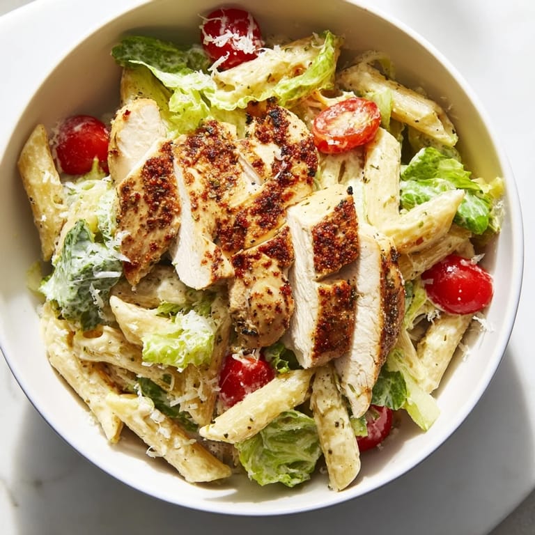 Close-up of vibrant Spicy Chicken Caesar Pasta featuring juicy grilled chicken, crisp greens, and Parmesan shavings, ready to serve.