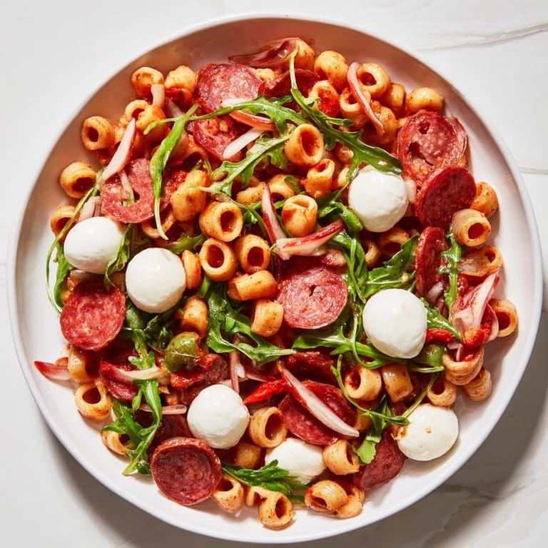 A vibrant bowl of Spring Antipasto Pasta Salad tossed with colorful cherry tomatoes, red onion slices, and tangy giardiniera, ready for a sunny picnic.
