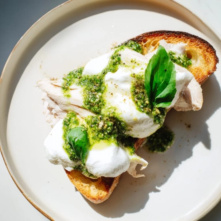 Golden Pesto Chicken Burrata Toast with melted burrata and fresh basil, served on a rustic wooden board.  