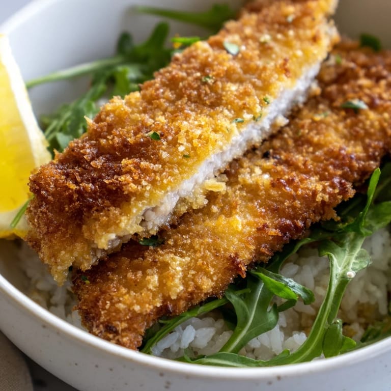 A close-up of a Crispy Parmesan Chicken Cutlet Bowl drizzled with lemon juice beside fresh greens.