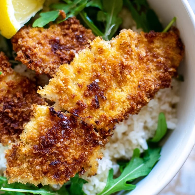 Crispy Parmesan Chicken Cutlet Bowl arranged with rice, arugula, and wedges of bright lemon ready to serve.