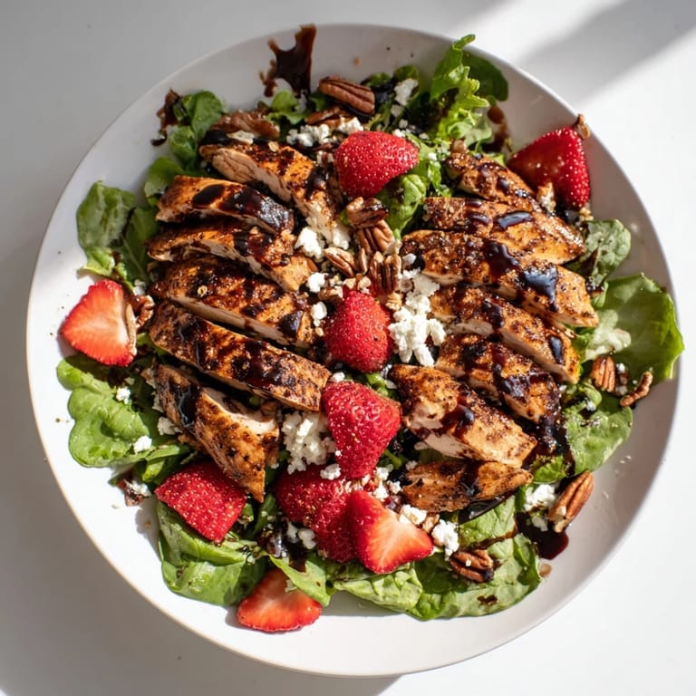 This delicious Strawberry Balsamic Chicken Salad features sliced grilled chicken, sweet berries, and a tangy glaze over mixed greens.