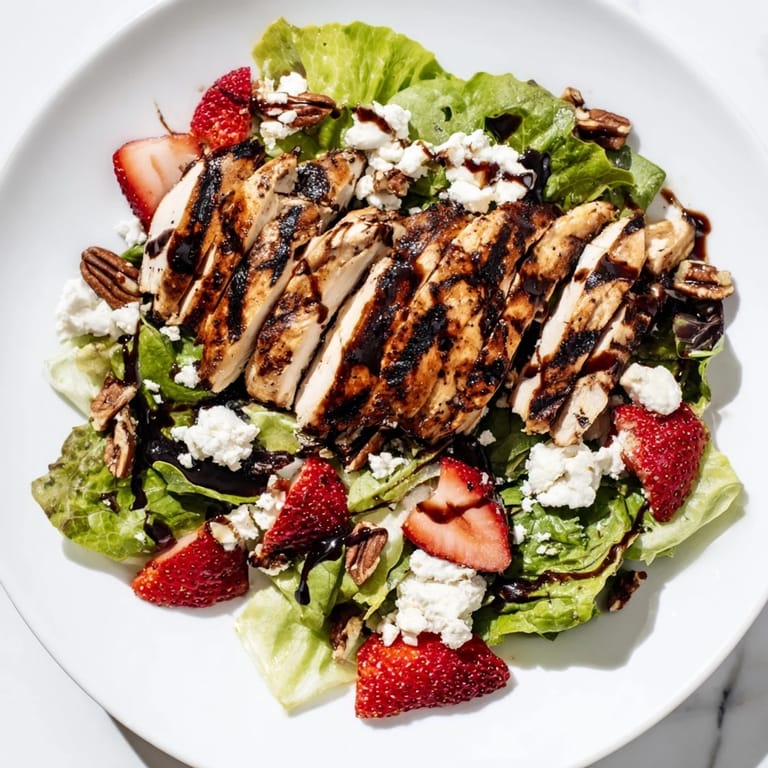 A hearty plate of Strawberry Balsamic Chicken Salad showcases tender chicken, strawberries, feta, and toasted pecans on fresh greens.