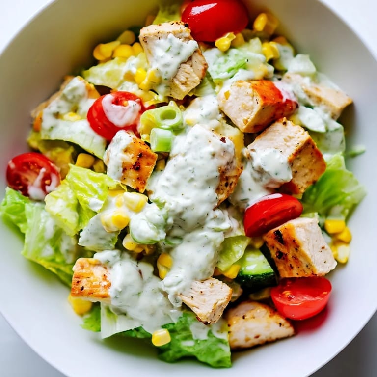 Overhead shot of Ranch Chicken Chopped Salad in a white bowl, showcasing colorful corn, cheddar, and fresh chives.