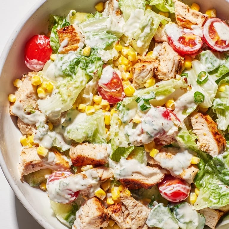 Serving suggestion for Ranch Chicken Chopped Salad, plated with extra herbs and a light, creamy yogurt ranch drizzle.