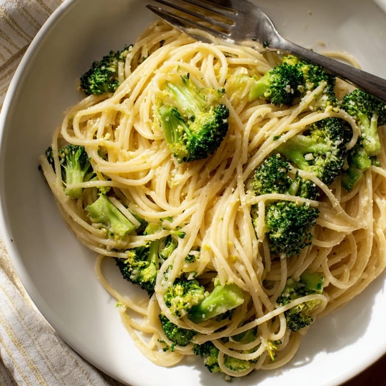 Tender broccoli and spaghetti tossed in a zesty lemon Parmesan sauce, plated with fresh basil and a wedge of lemon.