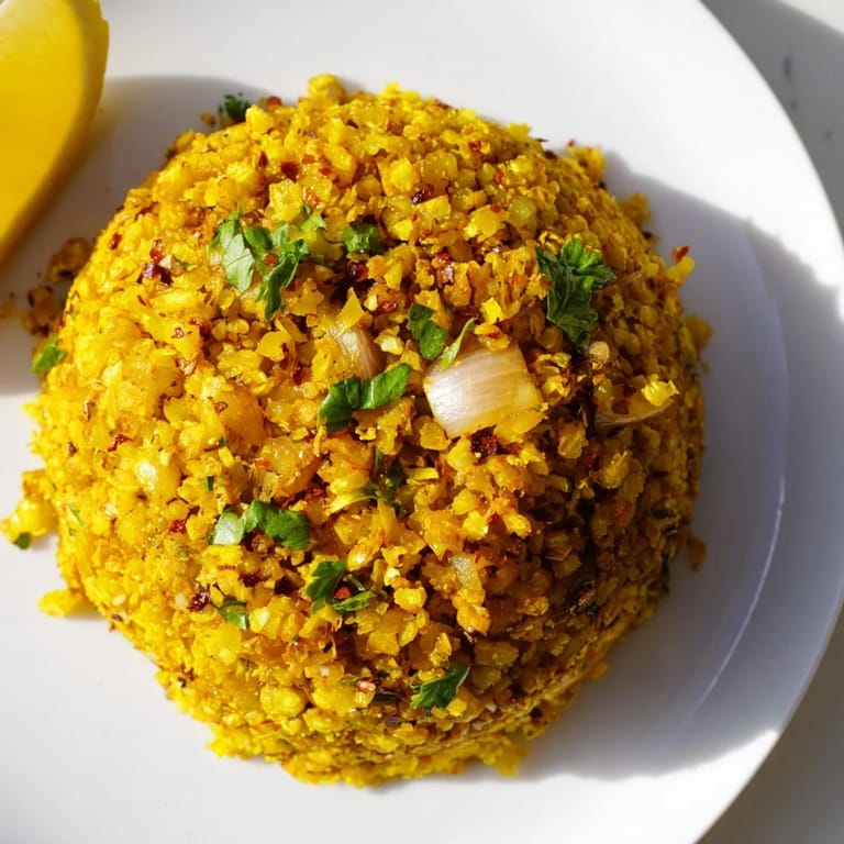Bright overhead shot of Turmeric Cauliflower Rice in a rustic bowl, garnished with fresh herbs for a healthy meal.