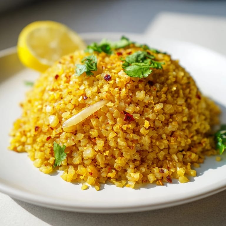 This sautéed Turmeric Cauliflower Rice side dish features fluffy grains and aromatic spices, perfect with grilled chicken.