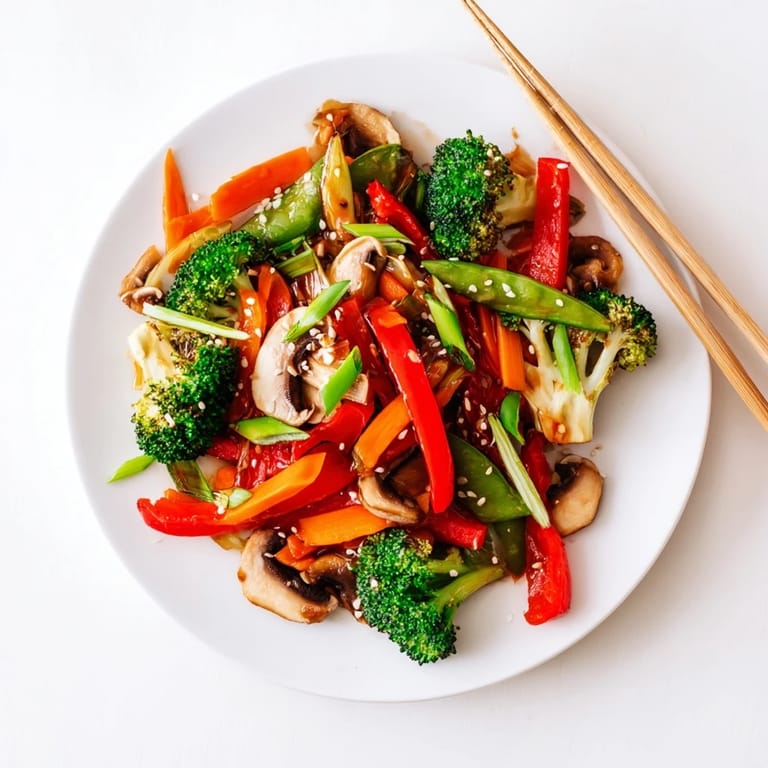 A vibrant wok of ginger stir-fried vegetables, featuring red bell peppers and mushrooms, served hot over fluffy jasmine rice.  