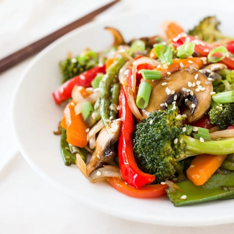 Healthy ginger stir-fried vegetables in a skillet, garnished with toasted sesame seeds and fresh green onions for a flavorful finish.