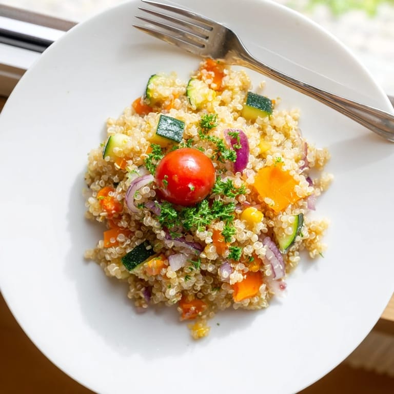 A skillet of warm quinoa vegetable pilaf featuring aromatic herbs and vibrant roasted cherry tomatoes and onions on a rustic table.  
