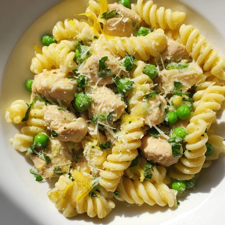 Close-up view of Garlic Butter Chicken & Pea Pasta featuring tender chicken, al dente pasta, and sweet peas, with melted Parmesan and herbs.
