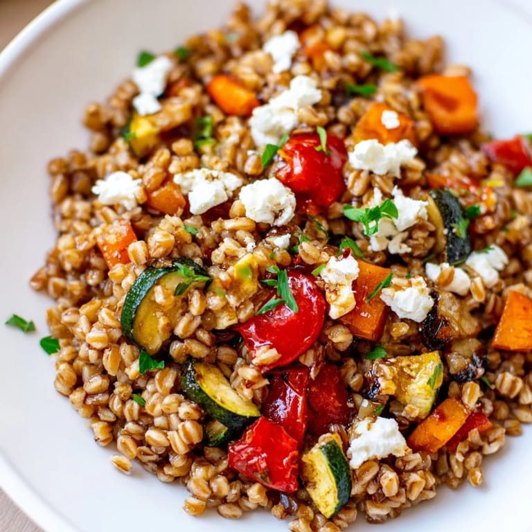 A close-up of warm, caramelized vegetable medley served over hearty farro.